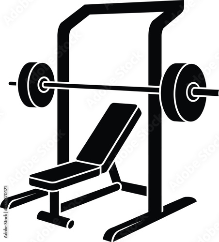 A simple black and white illustration of a weight bench with a barbell loaded with weights ready for a workout session in a gym.