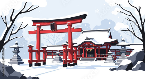 Japanese Shrine in Winter Snow