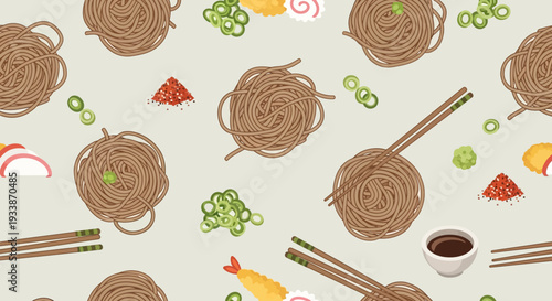 Japanese Soba Noodles Pattern: Food Illustration with Chopsticks & Tempura