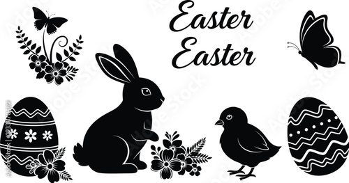 Elegant easter design featuring rabbit bird flowers eggs and butterflies in black silhouette