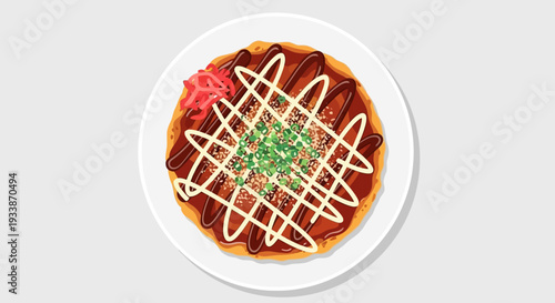 Okonomiyaki Japanese Savory Pancake Top View Isolated