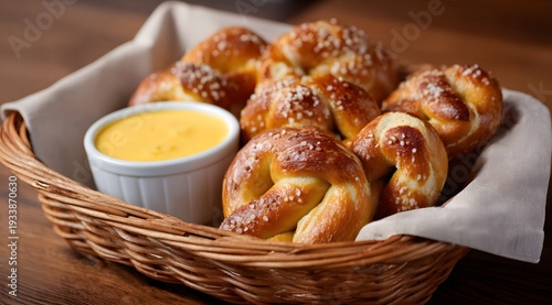 A basket of delicious looking soft pretzels and cheese dipping sauce on the side.