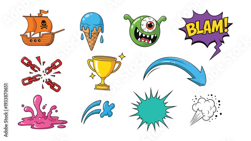 Whimsical Cartoon Elements: A collection of cheerful and vibrant cartoon elements, each radiating a sense of playful energy and creativity. 