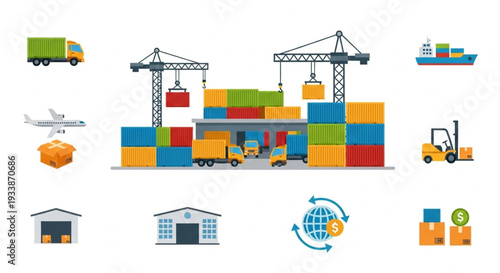Global Shipping and Logistics Hub with Cranes and Containers.