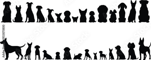 Large collection of black dog silhouettes various breeds puppies adults sitting standing side view front view pet animals isolated vector set