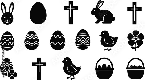 Beautiful easter symbols including eggs bunnies crosses and flowers in black silhouettes