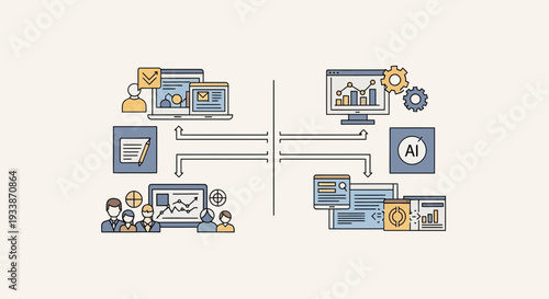Infographic illustrating workflow processes and data exchange between various digital platforms and devices shown from a top-down viewpoint
