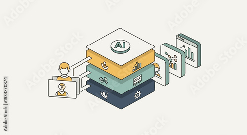 Stacked servers with AI symbol and connected mobile devices illustrating technology infrastructure from an isometric viewpoint