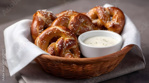 A basket of delicious looking soft pretzels and cheese dipping sauce on the side.