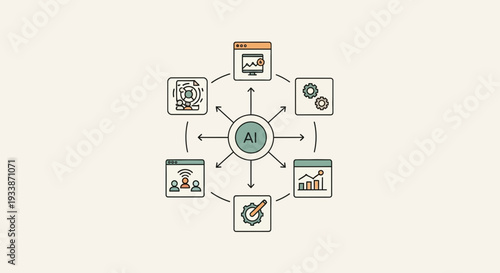 Central AI hub connecting various digital media and data analysis icons in a circular diagram with a simple line art style