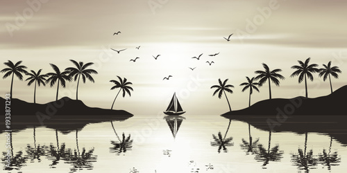 Minimalistic seascape, sea sunset, sailboat and palm tree, sepia tones vector illustration