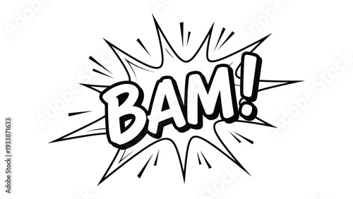 Comic Book BAM! Effect: A striking illustration of the iconic BAM! sound effect, commonly seen in comic books and graphic novels, is presented with bold lines and a dynamic starburst.
