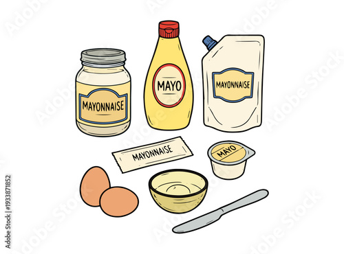 Mayonnaise Packaging Set Illustration with Jar Bottle Pouch and Eggs