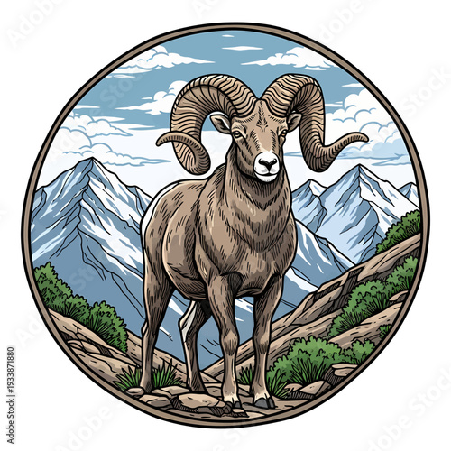 Bighorn sheep ram standing on a rocky mountain cliff with a scenic snowy peak background in a circle