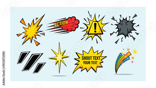 Comic Burst Elements: A collection of dynamic comic book style explosion effects. Burst elements are available to represent the action