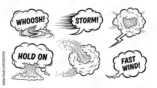 Comic Book Exclamations: Dynamic visual elements of comic book style exclamations, including Whoosh!, Storm!, and Fast Wind! designed to add impact and energy to any storytelling scenario.