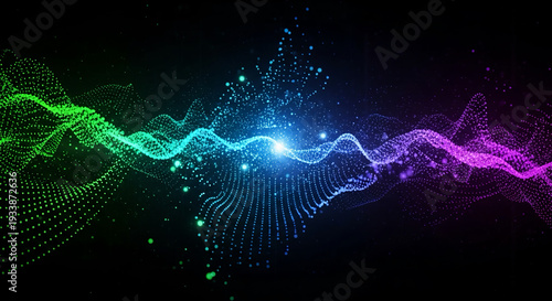 Vibrant multicolored waveform with glowing particles on dark background representing digital energy and technology