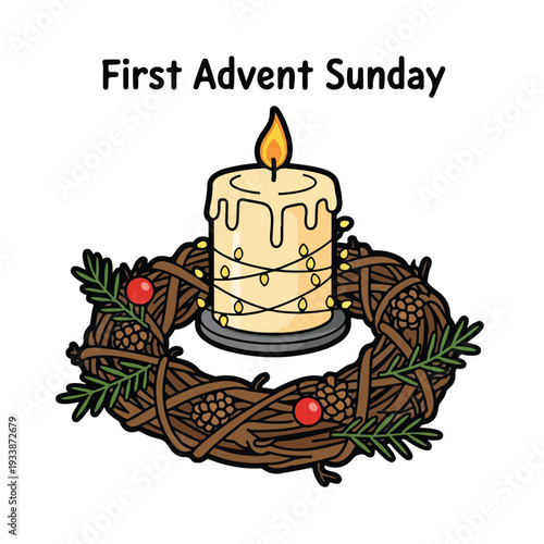 A serene illustration of a candle surrounded by a festive wreath on a calm winter morning from a front viewpoint