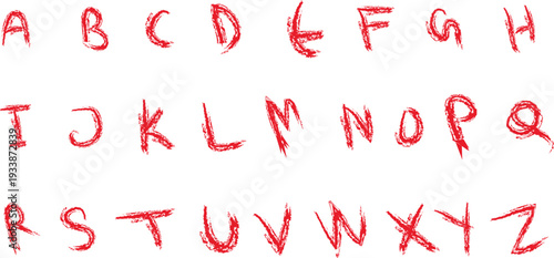 Complete uppercase English alphabet rendered in a vibrant red, featuring a distinctive hand-drawn, crayon-like, or scratchy texture on a clean white background