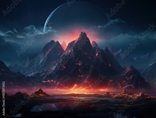 Wallpaper Mural Dramatic Mountain Landscape with Glowing Peak and Celestial Body Torontodigital.ca