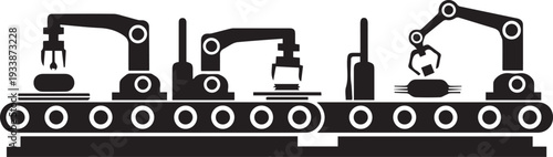 Automated production line vector silhouette illustration showing robotic arms on conveyor