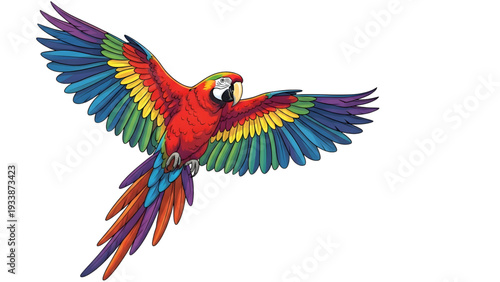 Vibrant macaw in mid-flight with colorful wings spread wide