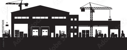 Industrial warehouse building with cranes and forklifts vector silhouette illustration