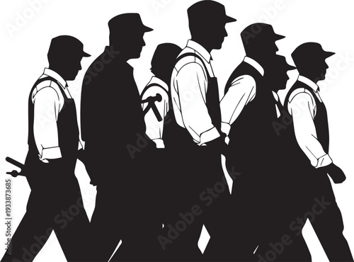 Industrial workers group silhouette illustration of men walking forward together in vector