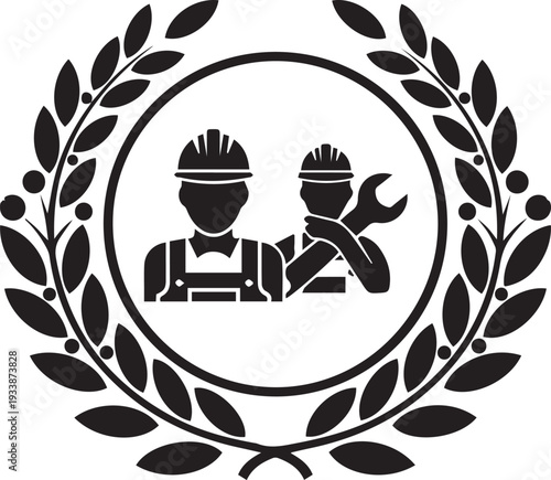 Wreath framing worker team silhouette illustration vector showing successful labor concept