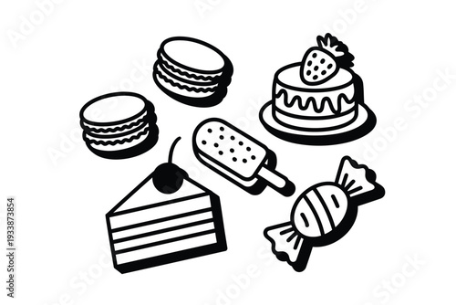 A black and white illustration of various sweet treats and desserts