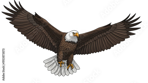 Majestic bald eagle spreading wings in mid flight