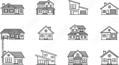 Collection of twelve line art house icons in a grid layout home building