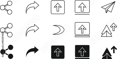 Collection of Upload and Share Icons with Arrows and Paper Airplane on White Background Keywords: upload, share, icon, arrow