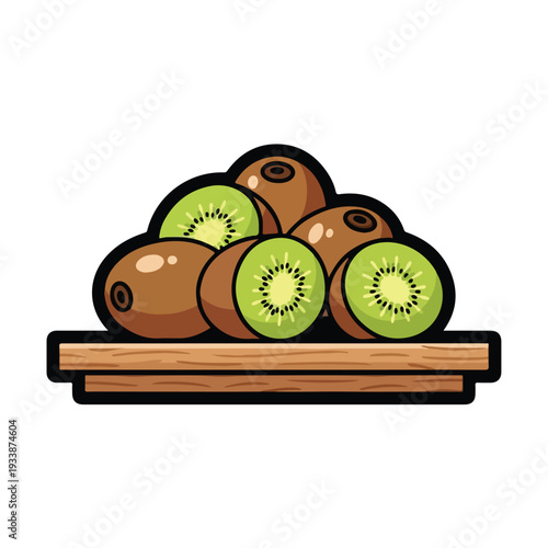 A vibrant illustration of kiwis cut open on a wooden board, showcasing their green flesh and seeds from a straightforward viewpoint.