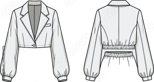 Cropped jacket fashion illustration, front and back view, tailored design, notched lapel collar, voluminous sleeves, elastic waistband, garment technical drawing