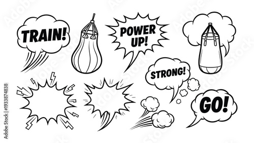 Comic Book Training: Dynamic illustration with speech bubbles displaying words for motivation and two punching bags representing fitness and strength. 