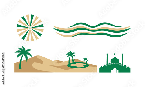 Desert landscape with sand dunes palm trees oasis and mosque silhouette vector illustration