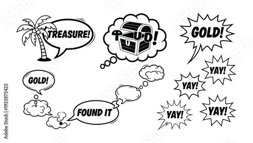 Treasure Hunt Illustration: An artistic portrayal of a treasure hunt, featuring thought bubbles with text related to finding gold and a treasure chest, all in a black and white graphic design.