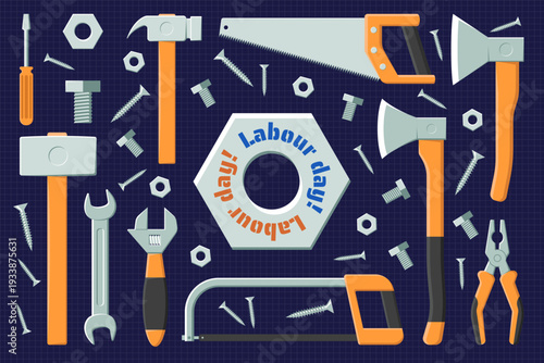 International Labor Day, May 1st. Tool kit. Axe, hammer, pliers, screwdriver, hacksaw.