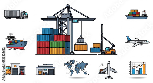 Global Shipping and Logistics Transportation Icons Set.