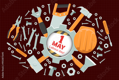May 1st, Labor Day. Horizontal banner. Tools, hacksaw, screwdriver, pliers, hammer, hard hat, axe.
