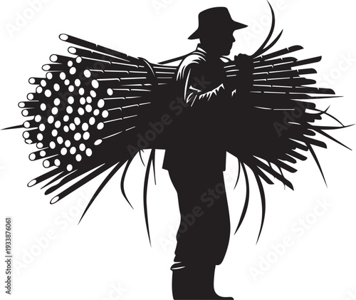 Farmer carrying bundle of sticks silhouette illustration vector line art transparent background