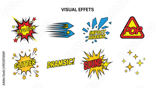 Comic book effect visual elements: A dynamic display of comic book visual elements and sound effects, offering a lively and captivating collection for graphic design purposes.