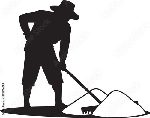 Farmer silhouette raking piles of salt vector illustration depicting traditional labor work