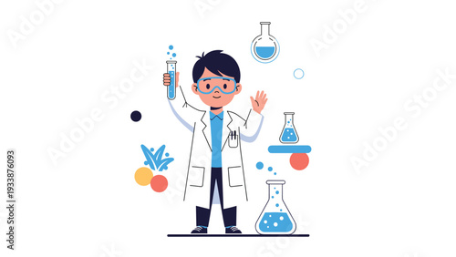 Young boy dressed as a scientist in a white lab coat conducting chemistry experiments with various glass flasks.