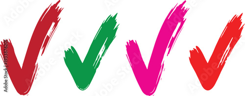 Four brush stroke check marks in vibrant red, green, and pink hues convey a sense of completion, verification, and successful task management, ideal for diverse project and checklist applications