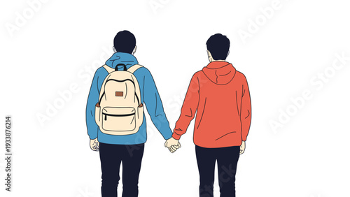 Back view of two people walking together and holding hands while wearing casual hooded jackets and a backpack against a white background.