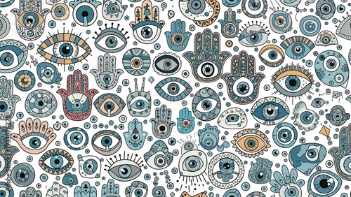 Intricate seamless pattern featuring various hamsa hand symbols and evil eye designs in calming blue and tan tones.