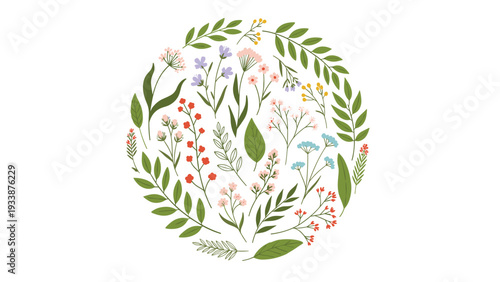 Delicate wreath of various colorful wildflowers and green leaves arranged in a circular pattern on a clean and minimalist white background.