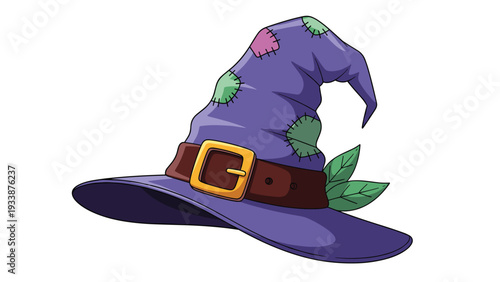 Stylized purple witch hat decorated with green and pink patches and a brown leather belt with a gold buckle for Halloween festivities.